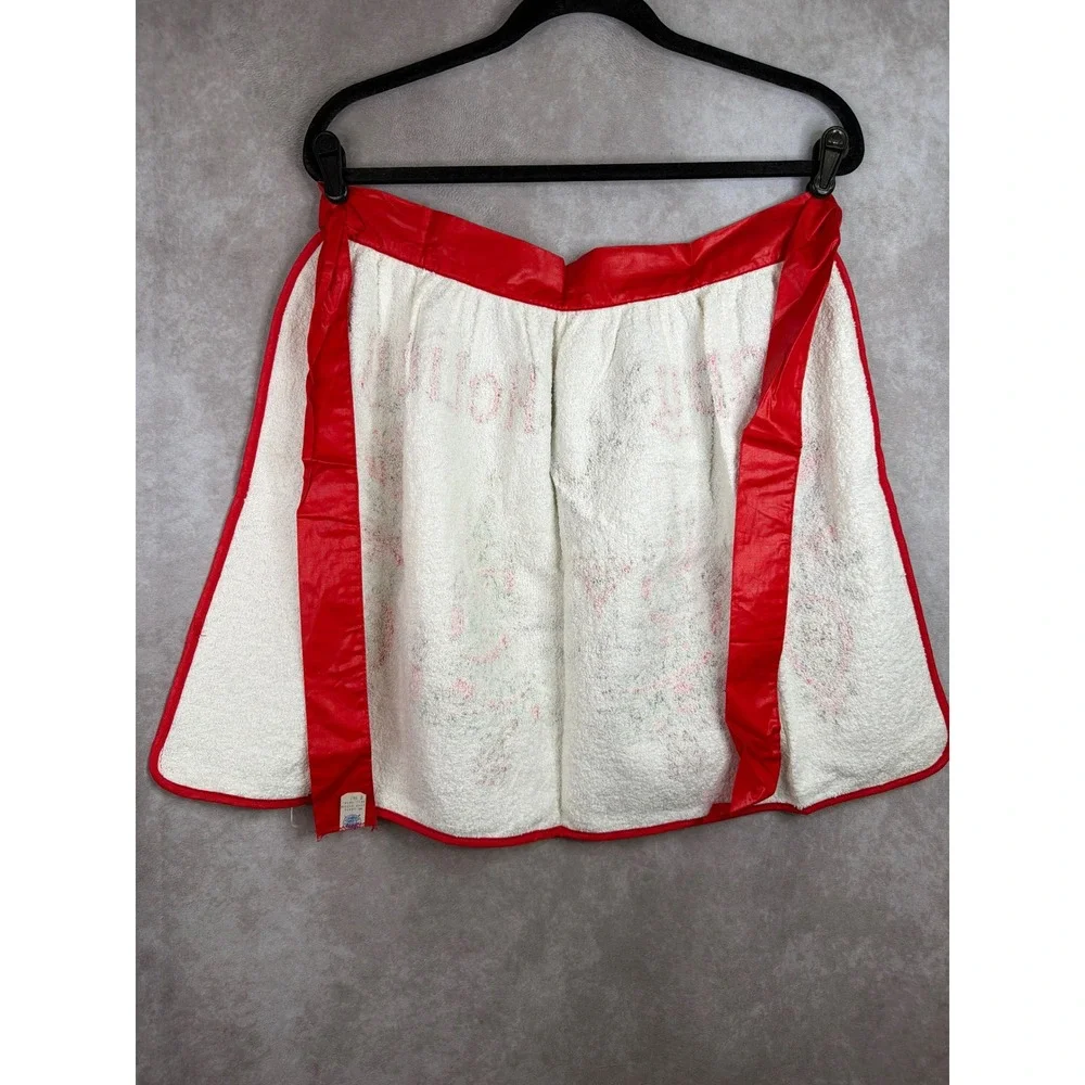 ILGWU Vintage 70s Christmas Half Apron Womens OS White Red Reindeer Terry Cloth